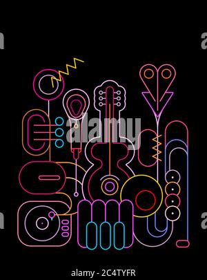 Neon colors isolated on a black background Music Instruments Design vector illustration. Line art silhouettes of guitar, saxophone, piano keyboard, tr Stock Vector