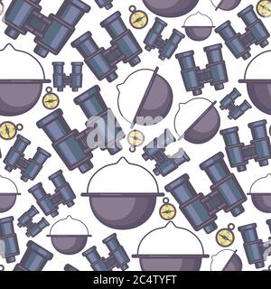Tourism and traveling, camping objects, cauldron and binoculars seamless pattern Stock Vector