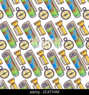 Map with antique compass and flashlight, traveling and adventures Stock Vector