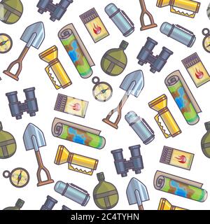 Exploration and traveling objects, map and compass seamless pattern Stock Vector