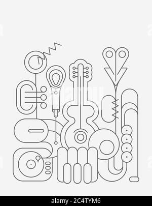 Dark grey line art silhouettes isolated on a light background Music Instruments Design vector illustration. Guitar, saxophone, piano keyboard, trumpet Stock Vector