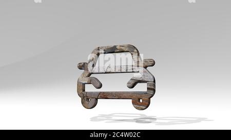 car made by 3D illustration of a shiny metallic sculpture on a wall with light background. auto and automobile Stock Photo