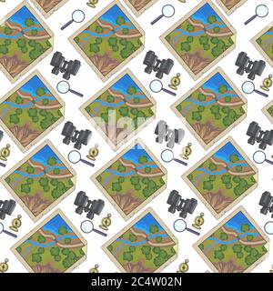 Map with binoculars and magnifying glass, travel seamless pattern Stock Vector