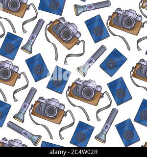 Passport and camera with flashlight traveling seamless pattern Stock Vector