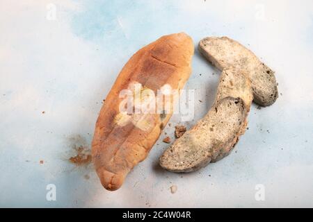 Macrophotography of green mildew on a stale bread. Surface of moldy bread. Spoiled bread with mold. Moldy fungus on rotten bread. Top view. Stock Photo