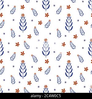 Ornament graphics for textile design. Floral seamless pattern with blue and orange details. Vector illustration. Stock Vector