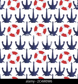 Anchor and lifebuoy, nautical and marine theme seamless pattern Stock Vector