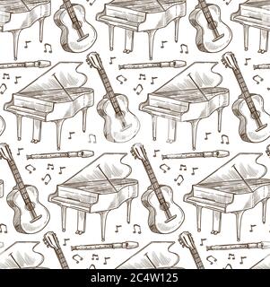 Acoustic guitar, flute and piano musical instruments seamless pattern Stock Vector