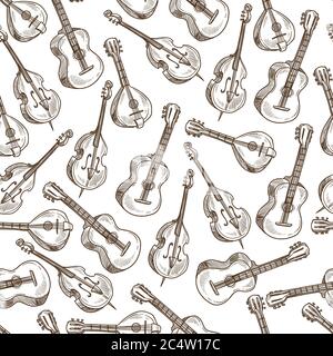 Acoustic guitar and violin, string musical instruments seamless pattern Stock Vector