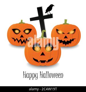 Happy Halloween typographic text and orange realistic three pumpkin on white background. Halloween party flyer design Stock Vector