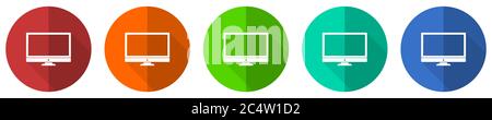 Screen icon set, monitor, display, computer, red, blue, green and orange flat design web buttons isolated on white background, vector illustration Stock Vector