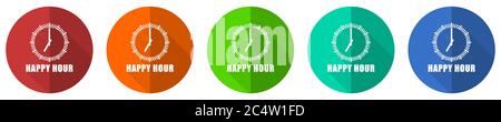Happy hour icon set, red, blue, green and orange flat design web buttons isolated on white background, vector illustration Stock Vector