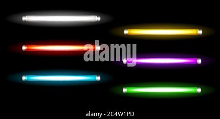 Neon tube lamps, long luminescence fluorescent multicolored bulbs, light for night club, advertising or signboards, artificial lighting. Halogen glowing elements, Realistic 3d vector illustration set Stock Vector