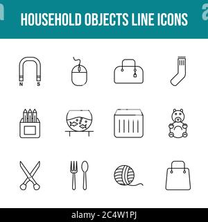 Unique household objects vector line icon set Stock Vector