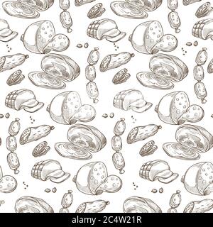 Meat products, sausages and ham slices seamless pattern Stock Vector
