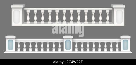 Marble balustrade, white balcony railing or handrails. Banister or fencing sections with decorative pillars. Panels balusters for architecture design isolated elements Realistic 3d vector illustration Stock Vector