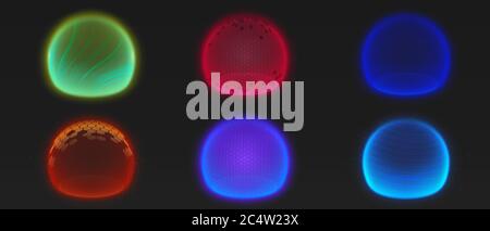 Force shield bubbles, various energy glowing spheres or defense dome fields. Science fiction deflector elements, firewall absolute protection isolated on black background, Realistic 3d vector set Stock Vector