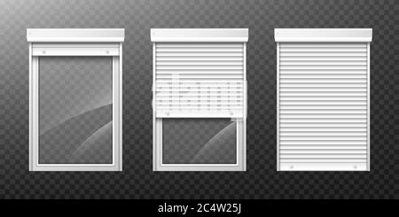 Window with roller shutter up and close. Plastic pvc casement blinds. Opened and shut front view. Home facade design elements isolated on transparent background realistic 3d vector illustration Stock Vector