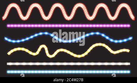 Led strips with neon light effect isolated on transparent background. Vector realistic set of colored light stripes and wavy glowing tape with pink, red, blue and white lamp and diode bulbes Stock Vector
