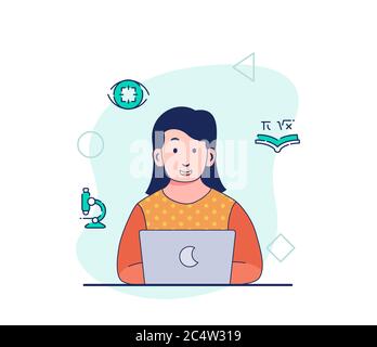 Smart woman working on laptop thinking focus research analysis learning education project in creative process with flat cartoon style vector design Stock Photo
