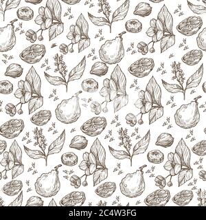 Exotic fruits and herbs, tropic plants seamless pattern Stock Vector