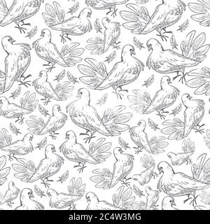 Pigeons print, flying doves, colorless birds seamless pattern Stock Vector