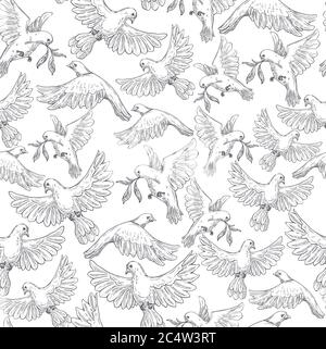 Flying pigeons carrying branches colorless seamless pattern vector Stock Vector