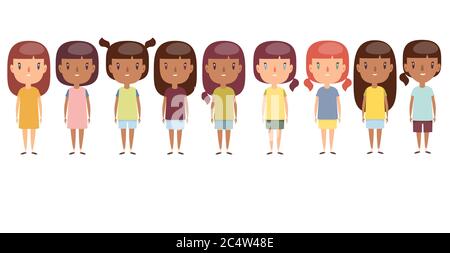 Collection of cute little girls. Full-length portrait. Smiling girls in casual clothing. Stock Vector