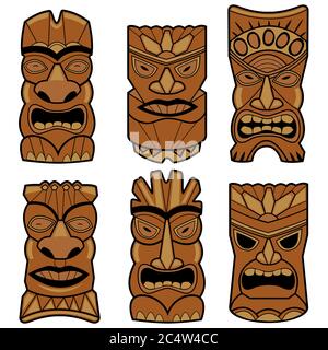 Illustration set of cartoon carved Hawaiian tiki god statue black and ...