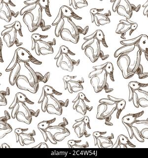 Plush rabbit with long ears, stuffed toy seamless pattern Stock Vector