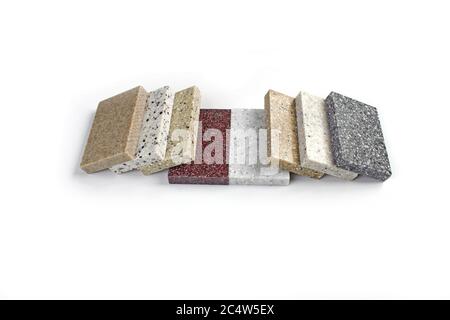 Luxury marble natural stone slabs for kitchen countertops and floor tiles. Samples of stone for countertops. Stock Photo