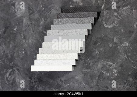 Luxury marble natural stone slabs for kitchen countertops and floor tiles. Samples of stone for countertops. Stock Photo