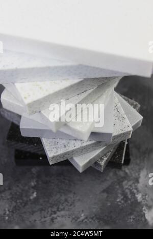 Luxury marble natural stone slabs for kitchen countertops and floor tiles. Samples of stone for countertops. Stock Photo