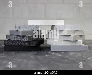 Luxury marble natural stone slabs for kitchen countertops and floor tiles. Samples of stone for countertops. Stock Photo