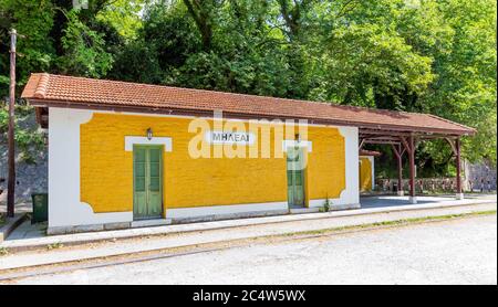 The old traditional train station in Milies village, Pelio, Greece Stock Photo