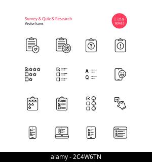 Survey quiz research line icon set. Checklist, quiz, emotional opinion, star review, rating, questionnaire, testimonial, vote. Vector on isolated Stock Vector