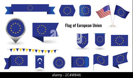 the flag of the European Union. Big set of icons and symbols. Square and round EU flag. Collection of different flags of horizontal and vertical. vect Stock Vector