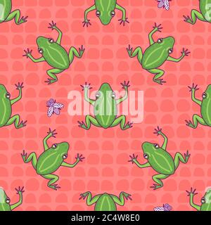 Frog seamless pattern. Hand drawn illustration Vector repeat surface design. Color tile ornament. Wild summer background Stock Vector