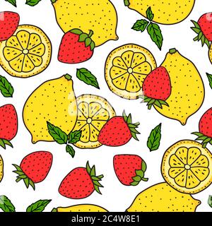 Lemon and strawberry with mint leaves. Seamless pattern. Red and yellow colors. Whole lemon and a round slice. Vector hand drawn illustration. Surface Stock Vector