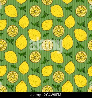 Lemon and a round slice on green striped Seamless pattern. Vector hand drawn illustration. Surface yellow color minimalist texture design background. Stock Vector