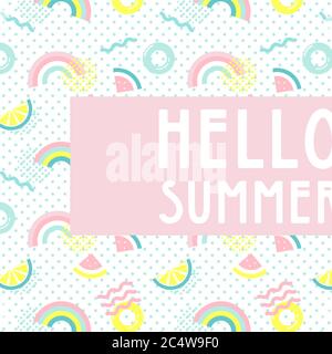 hello summer abstract card. Summer funny wallpaper and background. Fashionable styling. Watermelon, lemonand rainbow vector design. Stock Vector