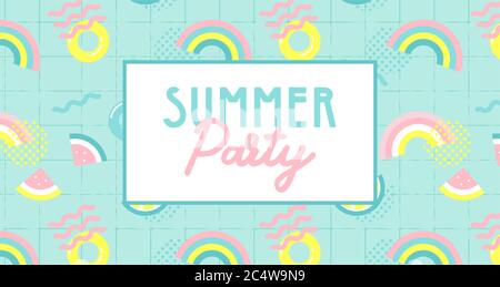 summer party banner. Summer funny wallpaper in memphis style. Fashionable styling template with watermelon, lemon and rainbow. vector design. Stock Vector