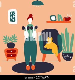 Young woman doing sports workout. Cute happy girl performing gymnastic dumbbell exercise at home. Flat colorful vector illustration Stock Vector