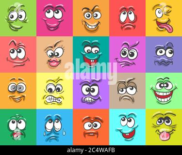 Cartoon face expressions. Happy surprised faces, doodle characters mouth and eyes. Face doodle set. Vector illustration Stock Vector