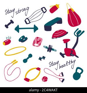 Simple icons of sports goods and accessories. Fitness at home, home workout. Flat vector illustration Stock Vector