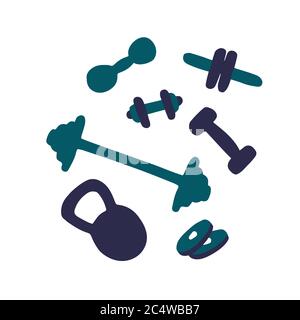 Set of gym equipment. Dumbbell line icon. Hand drawn flat vector illustration Stock Vector