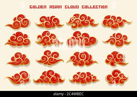 Collection of red and gold clouds in Chinese style. Vector Illustration. Stock Vector