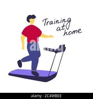 Young man running on treadmill. Sport training at home. Flat vector graphic Stock Vector