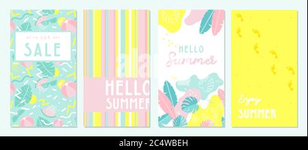 Design banner and card for summer season. Abstract geometric background with summer fruit, tropical leafs and beach scene. summer sale and summer text Stock Vector