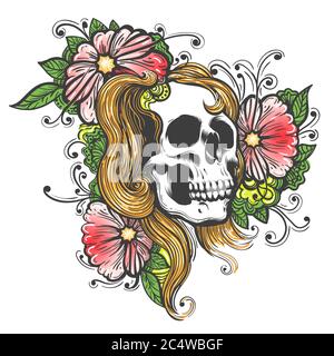 Skull and flowers hand drawn illustration. Tattoo vintage print. Vector Illustration. Stock Vector